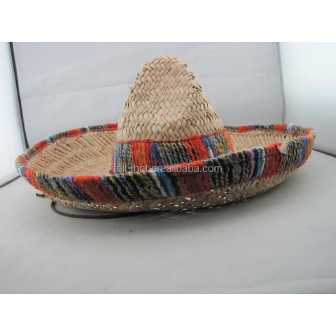 Authentic Mexican Straw Large Sombrero Hat with Serape Trim