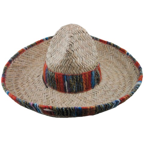 Authentic Mexican Straw Large Sombrero Hat with Serape Trim