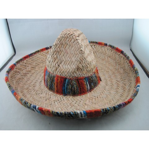 Authentic Mexican Straw Large Sombrero Hat with Serape Trim