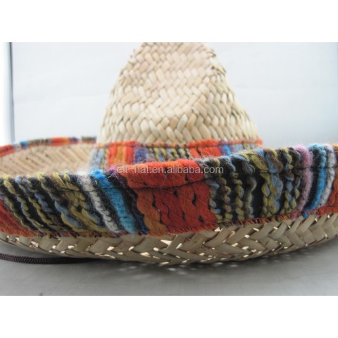 Authentic Mexican Straw Large Sombrero Hat with Serape Trim